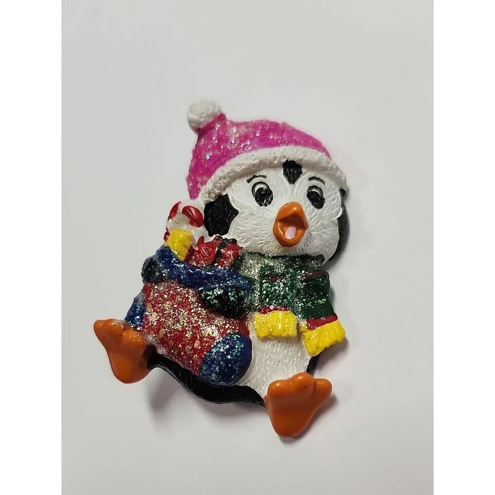 Festive Penguin Holiday Pin Brooch- Pink Hat, Green Scarf